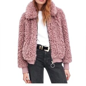 Zara TRF Pink Faux Shearling Teddy Bomber Jacket Sz S